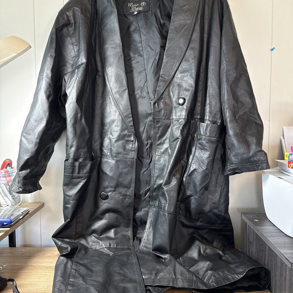 Marco Morani Mens Black Genuine Leather Trench Coat Double Breasted Jacket Large